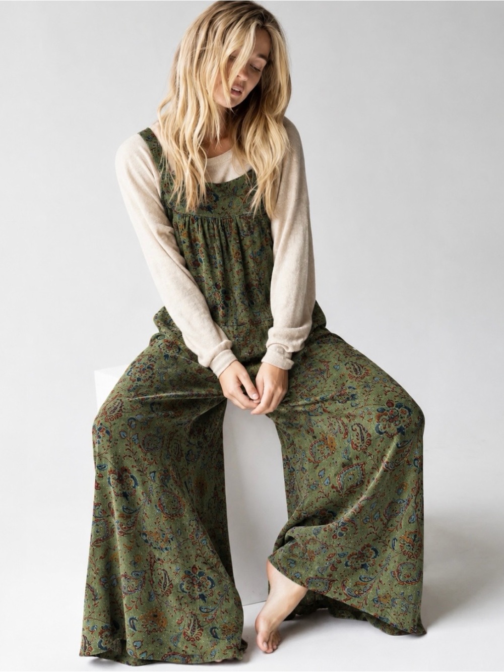 Natural Life NWT Olive Green Paisley Floral Corduroy Wide Leg Boho Jumpsuit XS/S